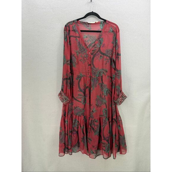 Soft Surroundings Womens Red Kundali Silk Road Floral Beaded Tunic Dress Large - Picture 1 of 8